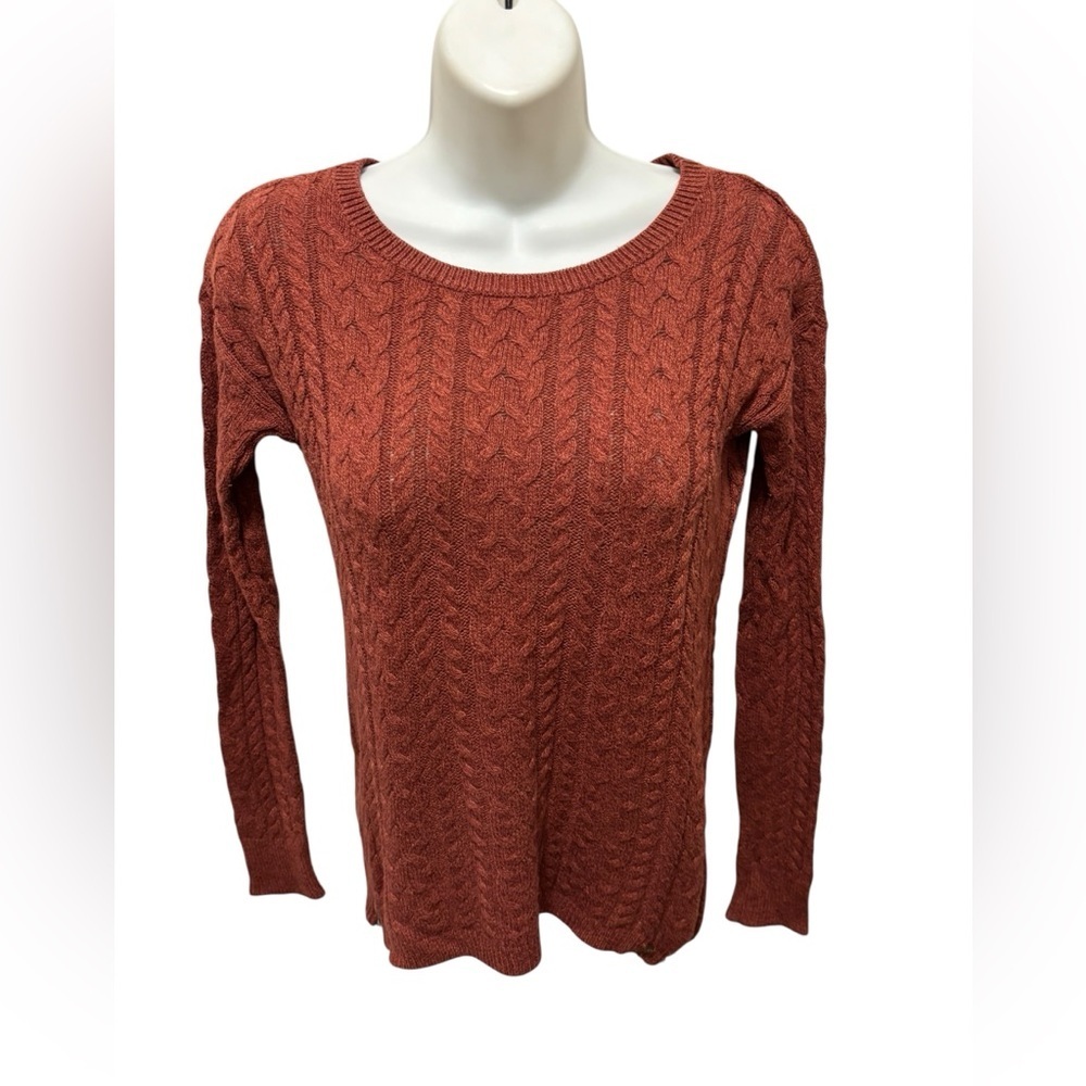 American Eagle Wool Blend Cableknit Sweater Sz S Rust Pullover Zippers on Hem
